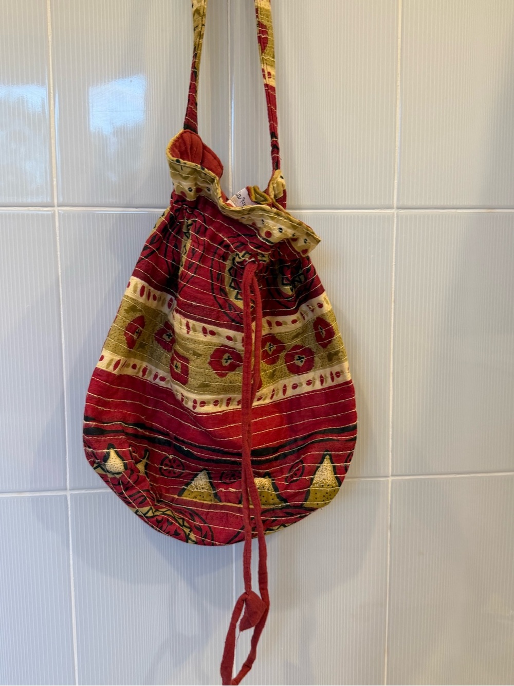 Red and Gold Patterned Drawstring Hobo Bag